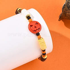 ハロウィンに染めた合成ターコイズパンプキンとポリマークレイのディスクヘイシビーズを使った、女性向けのビーズストレッチブレスレット  アクリル製のブーとシードビーズを使用  カラフル  内径：1.97インチ（5cm）&nbsp;BJEW-TA00770