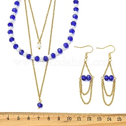 ロンデル304ステンレススチール＆ガラスビーズのレイヤードネックレスとイヤリングセット（女性用）  ブルー  420mm&nbsp;SJEW-JS01384-01