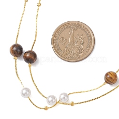 Brass Boston Link Chain Long Necklaces with Round Natural Tiger Eye and Shell Pearl&nbsp;NJEW-JN05722-02