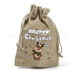 クリスマスプリントの黄麻布の梱包ポーチ、巾着袋  長方形  淡い茶色  鹿  14x10x0.01cm&nbsp;ABAG-Q053-02A-05