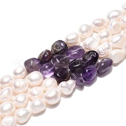 天然アメジストナゲットと天然養殖淡水真珠ビーズ連売り  5.5~12x4.5~9x3.5~9mm  穴：0.8mm  パール：6~13x6~9x3.5~7.5mm  穴：0.6mm  約19~21個/連  6.30~6.69インチ（16~17cm）&nbsp;PEAR-N023-01A-07