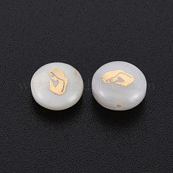 天然淡水シェルビーズ  金メッキ真鍮金属装飾付き  女性とフラットラウンド  貝殻色  8x3.5mm  穴：0.7mm&nbsp;SHEL-S278-051