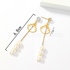 金色の304ステンレススチール製ダングルスタッドピアス  イミテーションパール付きタッセルイヤリング  花  68x15mm&nbsp;CL0746-4
