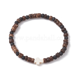 4mmラウンドミックスジェムストーンビーズストレッチブレスレット  天然ココナッツと合成ターコイズのクロスストレッチブレスレット、女性と男性用  内径：2-1/4インチ（5.6cm）  ラウンド：4mm&nbsp;BJEW-JB10260