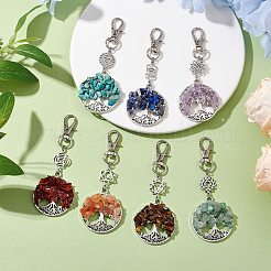 7 Chakra Natural Red Aventurine & Green Aventurine & Amethyst & Tiger Eye & Lapis Lazuli & Red Jasper & Synthetic Turquoise Chips Tree of Life Pendant Decorations&nbsp;HJEW-JM02300
