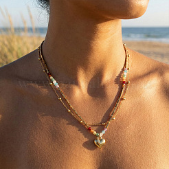 レインボーガラス、天然石、真鍮ビーズ、ステンレススチールチェーンの二重レイヤーネックレス、ハートペンダント付き、ビーチバケーションアクセサリー  カラフル  14KGP本金メッキ  15.75インチ（40cm）および17.72インチ（45cm）  2個/セット&nbsp;TH6527-1