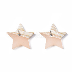 透明樹脂＆ウッドスタッドピアス  304ステンレスピン付き  スター  桃パフ  17x18mm  ピン：0.7mm&nbsp;EJEW-N017-001A-D08