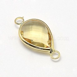 ゴールデントーン真鍮ガラスティアドロップリンクコネクター  シャンパンイエロー  21x11x5mm  穴：2mm&nbsp;GLAA-J010A-HF17-G
