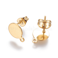 304ステンレススチールスタッドピアス金具  ループと平板付き  フラットラウンド  24KGP本金メッキ  10.5x8x1mm  穴：1.2mm&nbsp;STAS-G190-07G