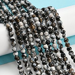 染められた天然ファイヤーアゲートクラックルビーズ連売り  多面カットラウンド  ブラック  4mm  穴：0.8mm  約94~95個/連  14.37~14.57インチ（36.5~37cm）&nbsp;G-G007-01I