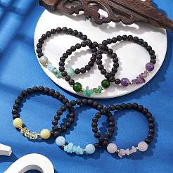 天然宝石ラウンドビーズストレッチブレスレットセット（女性用）5個  内径：2-1/8インチ（5.5cm）&nbsp;BJEW-JB10981