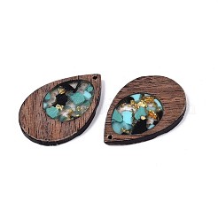 ウッド&レジンペンダント  金箔  ティアドロップチャーム  ダークターコイズ  38x25.5x3mm  穴：2mm&nbsp;WOOD-H104-23-05