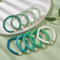 10Pcs Polymer Clay Disc & Glass & Brass Beaded Stretch Bracelets Set&nbsp;BJEW-JB09676-04