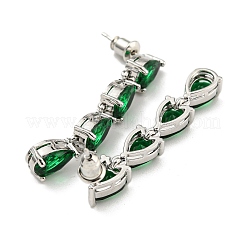 ラックメッキプラチナトーン真鍮ガラススタッドイヤリング女性用  ティアドロップ  グリーン  41x7mm&nbsp;EJEW-H310-01P-01