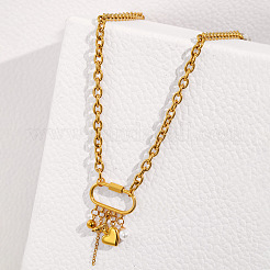 304 Stainless Steel Heart Fishtail & Rond Imitation Pearl Tassel Necklaces with Carabiner Clasps&nbsp;WGC0062-01
