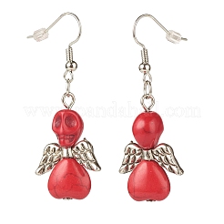 Synthetic Turquoise Skull with Wings Dangle Earrings&nbsp;EJEW-JE04944