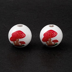 印刷された天然木のヨーロッパのビーズ  大穴ビーズ  マッシュルーム模様のラウンド  レッド  15.5mm  穴：4mm&nbsp;WOOD-C015-05