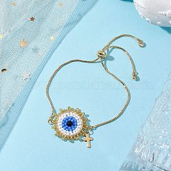 調整可能真鍮製スライダーブレスレット  手作りのガラスリンク付き  目  ゴールドカラー  内径：2~3インチ（5~7.5cm）&nbsp;BJEW-MZ00107