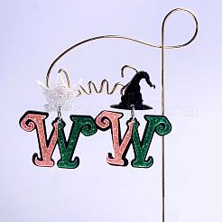 アクリルグリッターパウダーダングルスタッドピアス  魔女の帽子と王冠をつけた文字「W」  左右  プラチナ  45x34.8mm&nbsp;FS-WGC50DB-01
