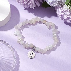 天然ムーンストーンチップビーズストレッチブレスレット  女性用304ステンレススチールライオンチャームブレスレット  内径：1-7/8~2-1/4インチ（4.8~5.7cm）&nbsp;BJEW-JB11133-07