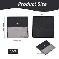 スナップボタン付きPVCポーチ付きPUレザー6個  ジュエリー収納用品  正方形  ブラック  9.5x9.5x0.2cm&nbsp;ABAG-WH0072-036A