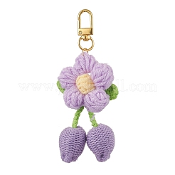 手作りかぎ針編みのコットン製桜の花の吊り飾り  合金回転式ナスカン付き  ライラック  95~118mm&nbsp;HJEW-JM02667-04