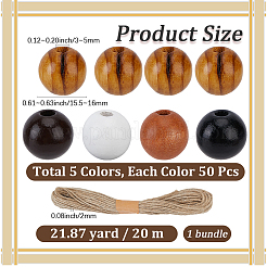 200個 4色スプレー塗装ラウンド天然シマウッドビーズ  ジュート紐1束付き  ミックスカラー  15.5~16mm  穴：3~5mm&nbsp;WOOD-PA0001-73D