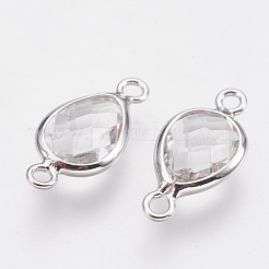 ガラスリンクコネクター  真鍮パーツ  多面カットティアドロップ  ニッケルフリー  プラチナメッキ  透明  14x7x3mm  穴：1.2mm&nbsp;KK-Q752-002P
