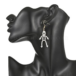 ハロウィン ガラスシードビーズ ダングルピアス  女性用304ステンレススチールダングルイヤリング  ゴールドカラー  スカル  59~61x20~23mm&nbsp;EJEW-MZ00769-01