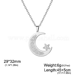 304ステンレススチール製クリスタルラインストーン付き月と星のペンダントネックレス（女性用）  ステンレス鋼色  17.72インチ（45cm）  ペンダント：32x29mm&nbsp;WGB7A8F-01