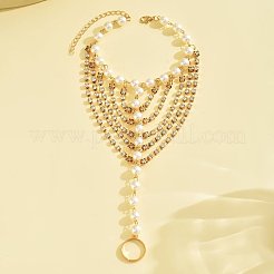Summer Beach Alloy Crystal Rhinestone & Plastic Pearl Round Beads Link Toe Ring Anklets for Women&nbsp;WGF8F5F-01