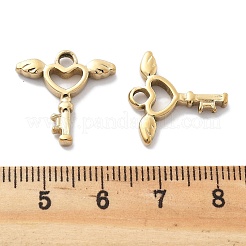 PVD真空メッキ304ステンレスペンダント  ウイングチャーム付きハートキー  18KGP本金メッキ  18x17.5x2.5mm  穴：2.5mm&nbsp;STAS-R130-31G