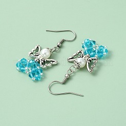 ガラスダングルピアス  合金ビーズと304ステンレススチールのピアスフック付き  天使  シアン  44~45x18mm&nbsp;EJEW-MZ00319-01