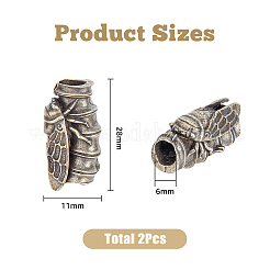 真鍮製ヨーロピアンビーズ  大穴ビーズ  蝉  アンティークシルバー  28x11x14mm  穴：6mm  2個/箱&nbsp;KK-FH0006-50AS