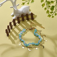 真鍮の月と星のチャームと種の花のダブルレイヤー マルチ連 ブレスレット 女性用  淡いターコイズ  7-5/8インチ（19.5cm）&nbsp;BJEW-JB08848