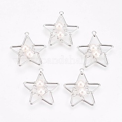 真鍮チャーム  アクリルパールビーズ付き  ニッケルフリー  スター  プラチナメッキ  21x20x4mm  穴：1.4mm&nbsp;KK-K230-25P-NF