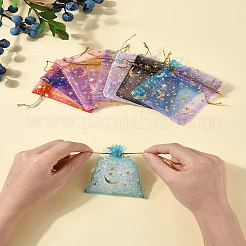 50個 10色 金箔押し 月と星 オーガンジー 巾着 ギフト収納バッグ  長方形  ミックスカラー  9x7cm  5個/カラー&nbsp;ABAG-FS0001-11