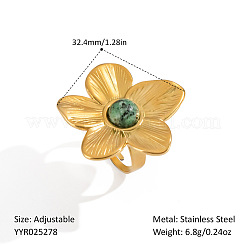 304ステンレススチールと天然石を使用した女性用オープンカフリング  花  18KGP本金メッキ  32.4mm  内径: 調節可能&nbsp;XZ9067-1