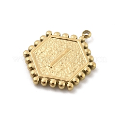 ステンレスペンダント201個  ゴールドカラー  レターチャーム付き六角形  文字I  21x16.5x2mm  穴：1.5mm&nbsp;LS-STAS-R227-01J-G