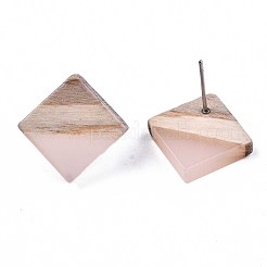 透明樹脂＆ウッドスタッドピアス  304ステンレスピン付き  菱形  ライトサーモン  17x18mm  ピン：0.7mm&nbsp;EJEW-N017-005A-A05