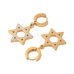 PVD真空メッキ304ステンレススチール、ラインストーン付きフープピアス、女性用  六線星形  ゴールドカラー  41mm&nbsp;EJEW-N055-24G