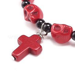 Natural Mashan Jade Skull Beaded Stretch Bracelet with Synthetic Turquoise(Dyed) Cross Charm&nbsp;BJEW-JB08378-02