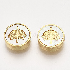 304ステンレススチールビーズ  シェルと  命の木とフラットラウンド  ゴールドカラー  9.5~10x3mm  穴：1.5mm&nbsp;STAS-S079-77A