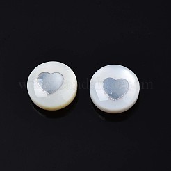天然淡水シェルビーズ  真鍮製の金属装飾  ハート付きフラットラウンド  プラチナ  8x4~5mm  穴：0.6mm&nbsp;SHEL-N003-22-11P