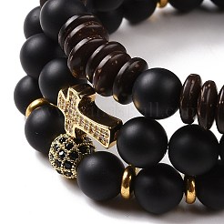 3Pcs Natural Dyed & Heated Black Agate and Coconut Beads Stretch Bracelets Set&nbsp;BJEW-JB08933