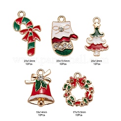 50個5スタイルのクリスマステーマ合金エナメルペンダント  カドミウムフリー＆鉛フリー  ライトゴールド  キャンディケーン＆ベル＆グローブ＆蝶結び＆ツリーと花輪  ミックスカラー  17~23x12~15.5x1.5~4mm  穴：1.6~2mm  10個/スタイル&nbsp;ENAM-LS0001-49-RS