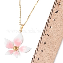 ピンクの花柄304ステンレススチール製エナメルペンダントアズキチェーンネックレス（女性用）  ゴールドカラー  15.55インチ（39.5cm）&nbsp;NJEW-JN05999