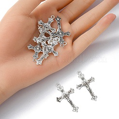 10 個の亜鉛チベットスタイル合金ペンダント  十字架クロス  宗教  アンティークシルバー  37x22x2.5mm  穴：2mm&nbsp;FIND-YW0002-11