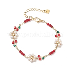 真鍮エナメルチェリーリンクチェーンブレスレット（女性用）  花＆桜  天然養殖淡水パールビーズ付き  レッド  7.09インチ（18cm）&nbsp;BJEW-JB14046