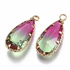 ツートングラスペンダント  真鍮パーツ  多面カット  ティアドロップ  ゴールドカラー  カラフル  24x10.5x6mm  穴：1.5mm&nbsp;GLAA-S179-02E